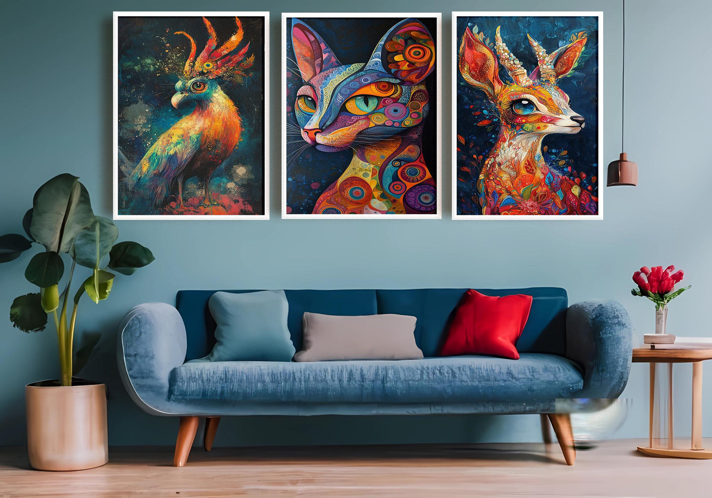 Psychedelic Animal Prints Set: Boho Abstract Cat, Deer, Bird Wall Art