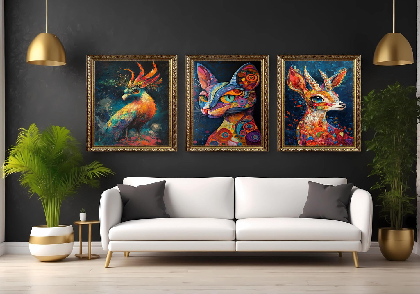 Psychedelic Animal Prints Set: Boho Abstract Cat, Deer, Bird Wall Art
