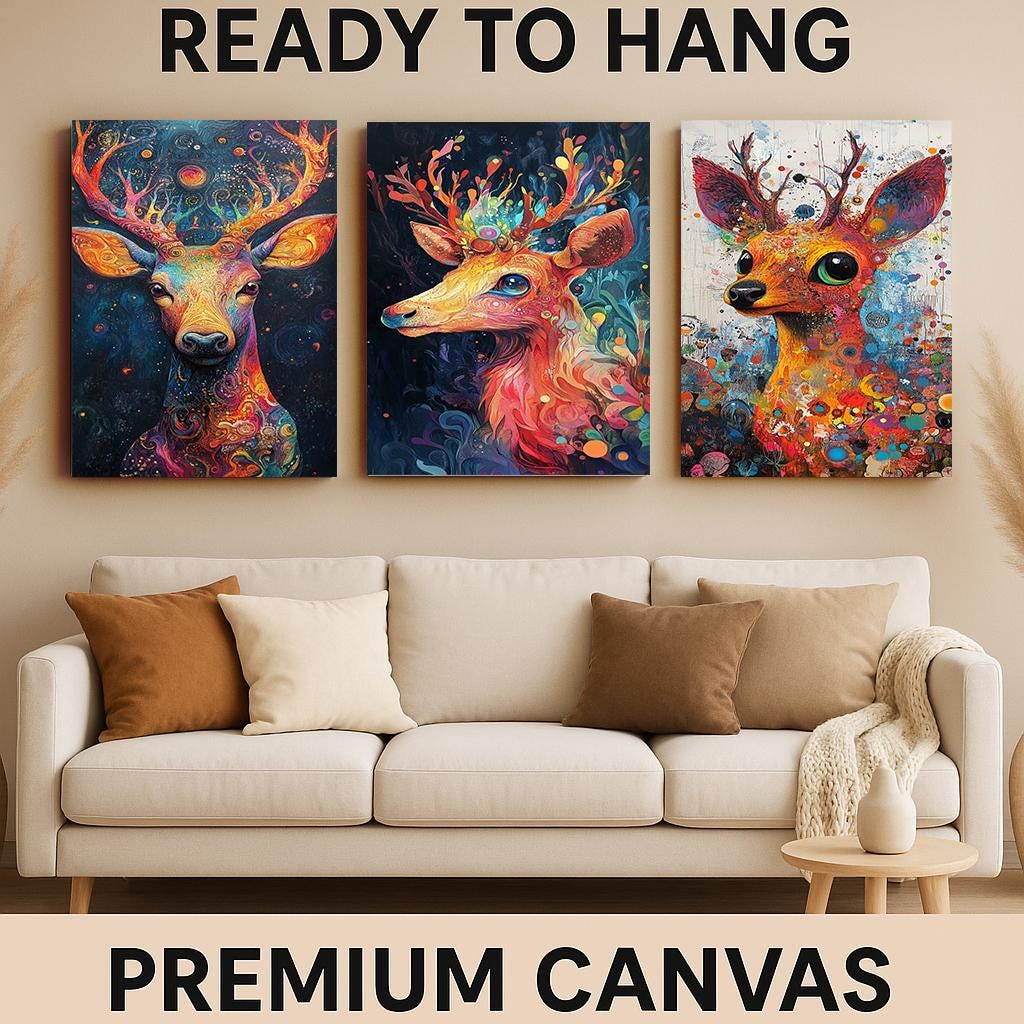 Psychedelic Deer Canvas Print Set: Boho Forest Animal Wall Art