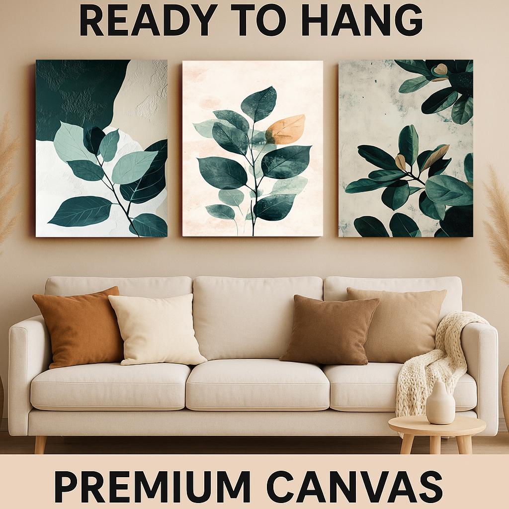 Botanical Leaf Art Prints Set: Neutral Greenery Textured Canvas