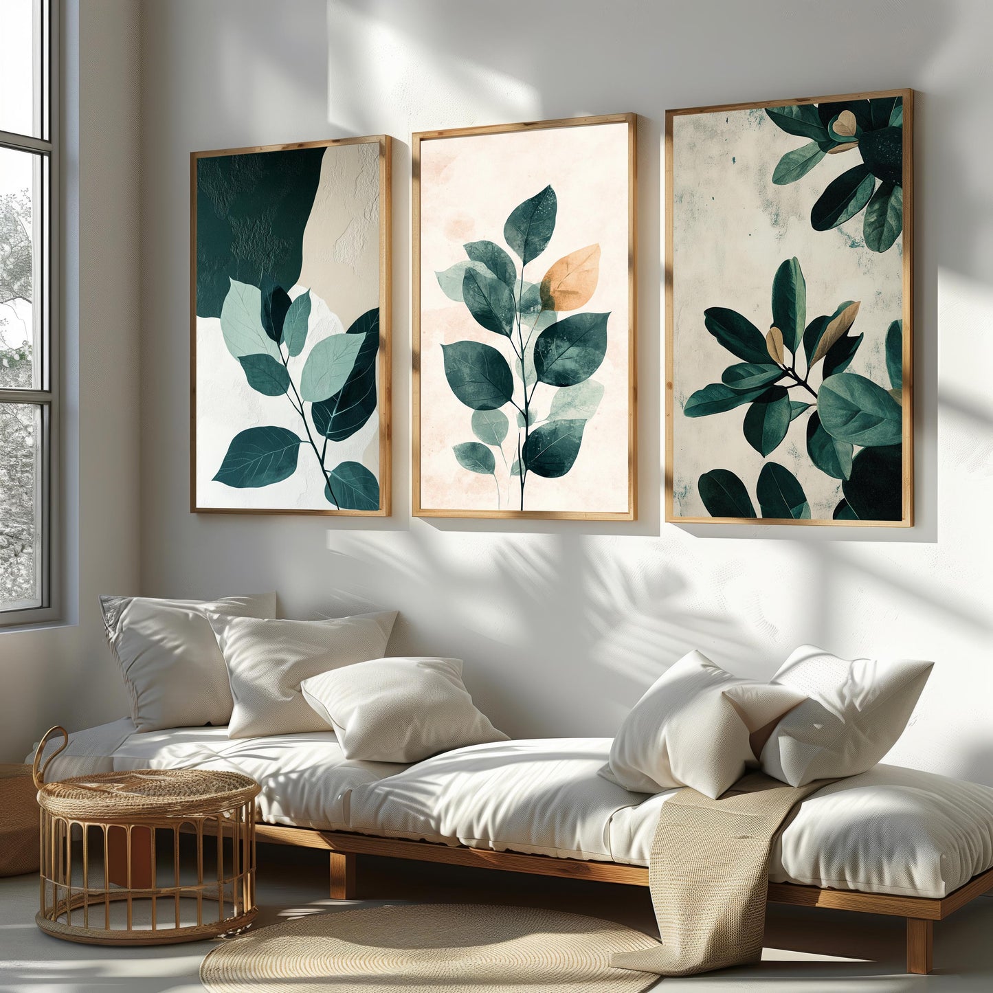 Botanical Leaf Art Prints Set: Neutral Greenery Textured Canvas