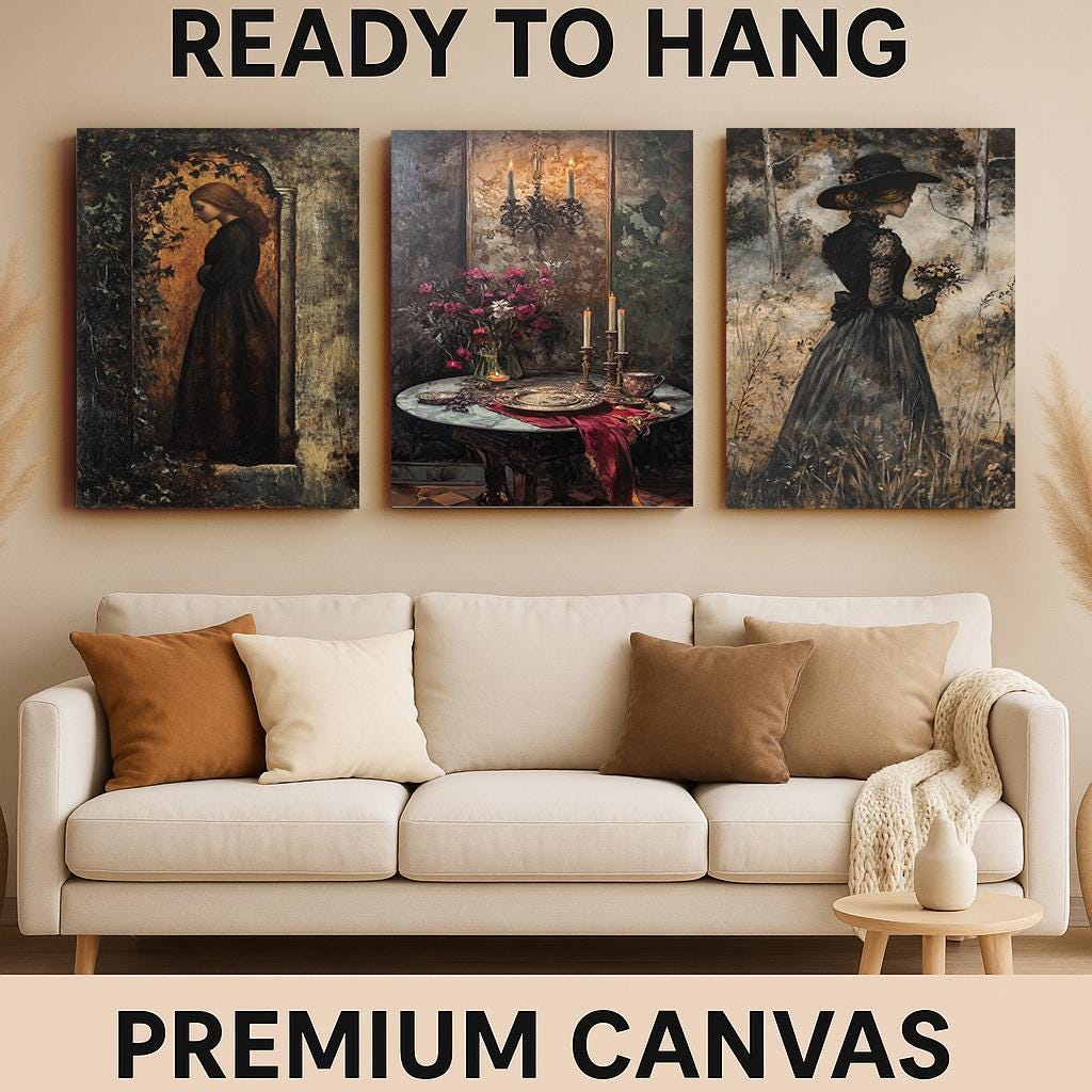 Dark Academia Wall Art Set: Gothic Candlelit Women Portraits