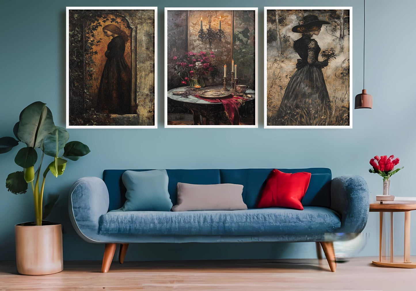 Dark Academia Wall Art Set: Gothic Candlelit Women Portraits