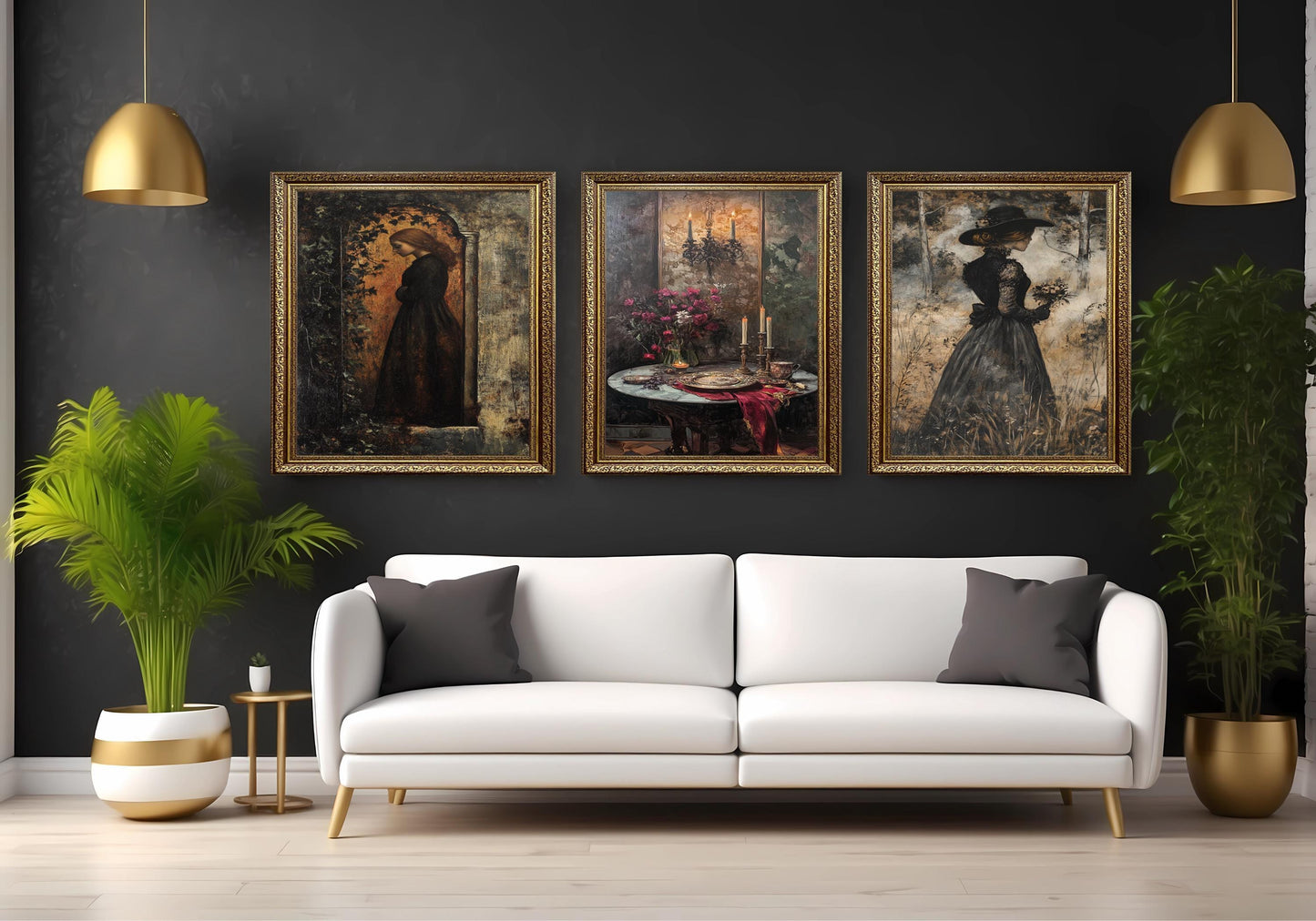 Dark Academia Wall Art Set: Gothic Candlelit Women Portraits