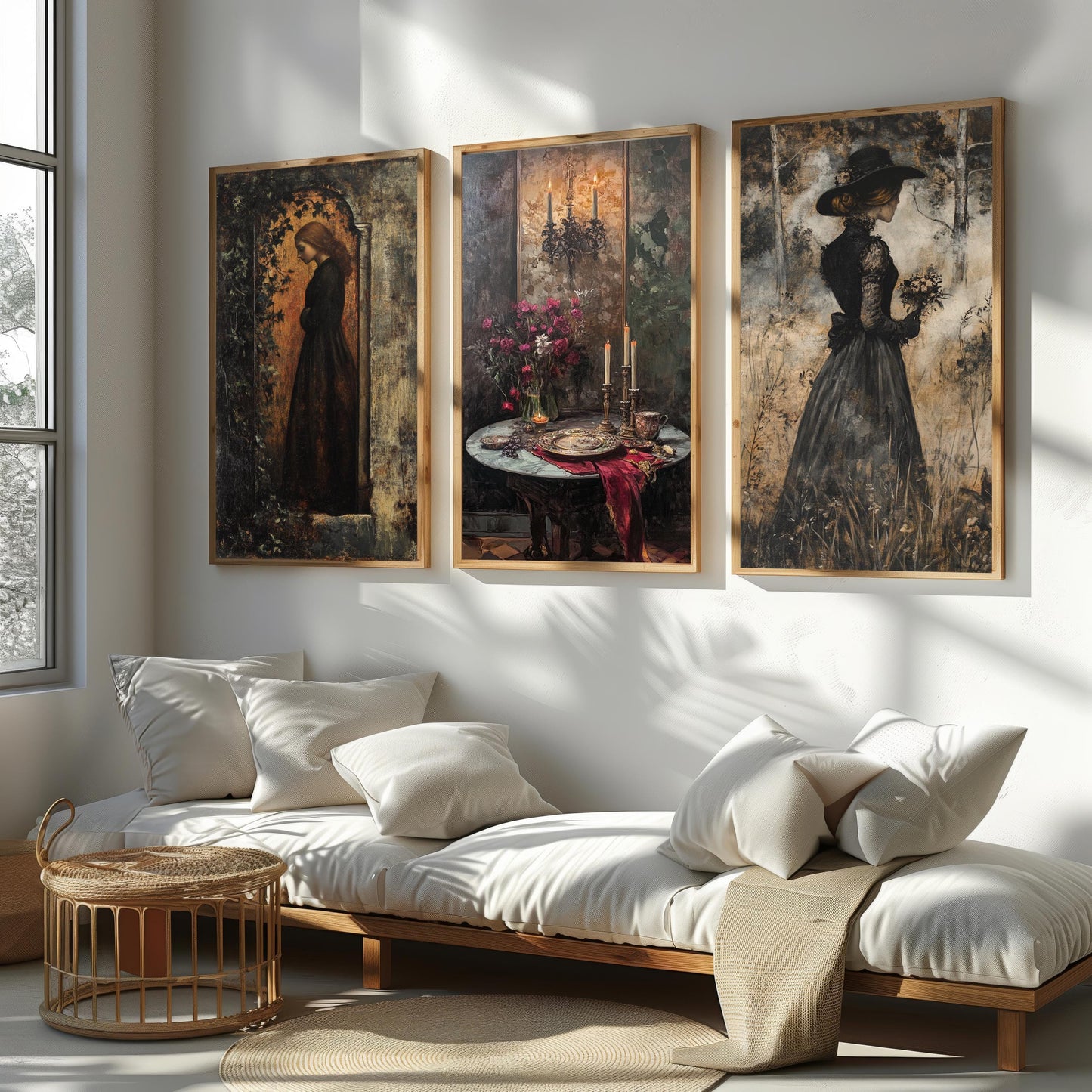 Dark Academia Wall Art Set: Gothic Candlelit Women Portraits
