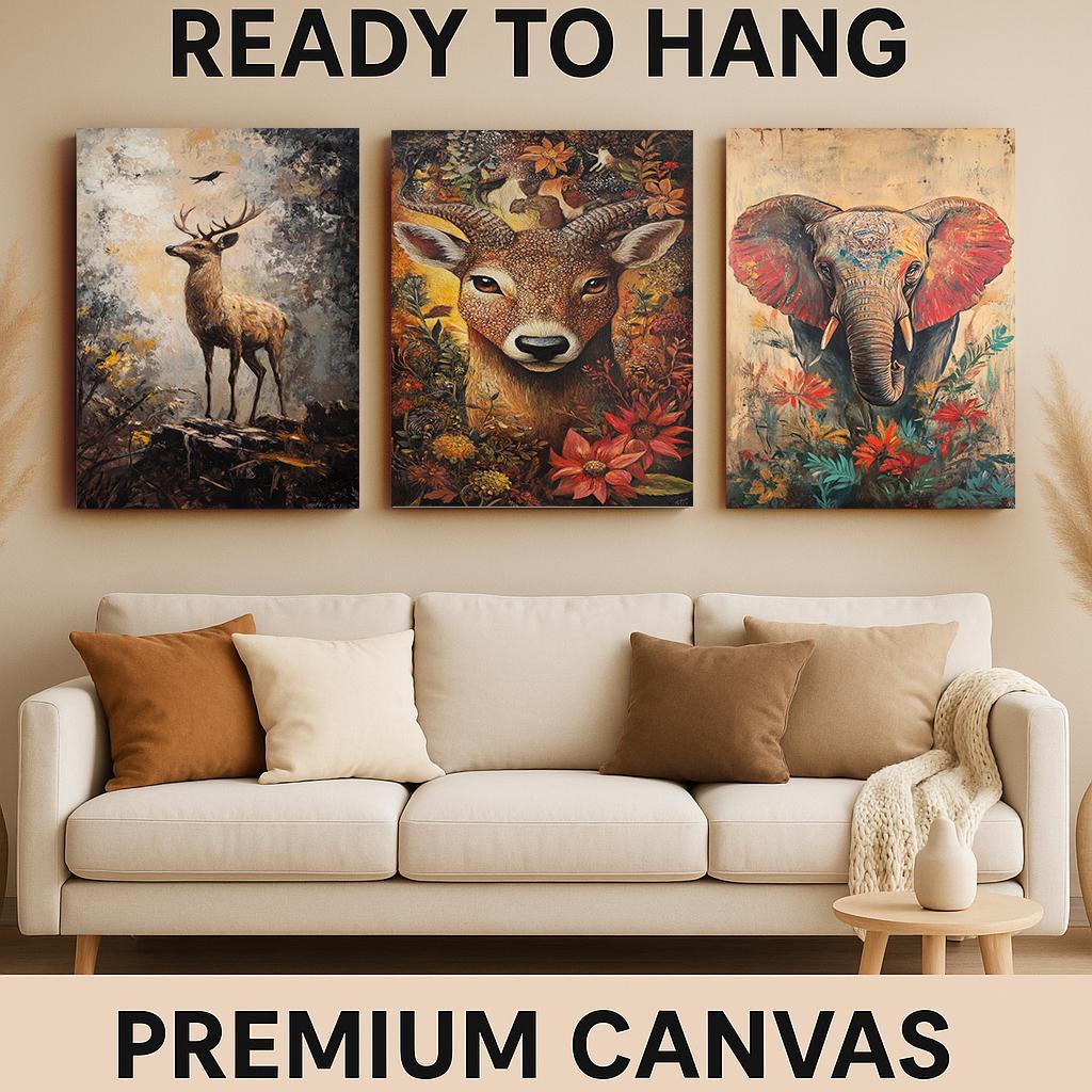 Rustic Animal Canvas Print Set: Deer, Elephant, Boho Forest Art