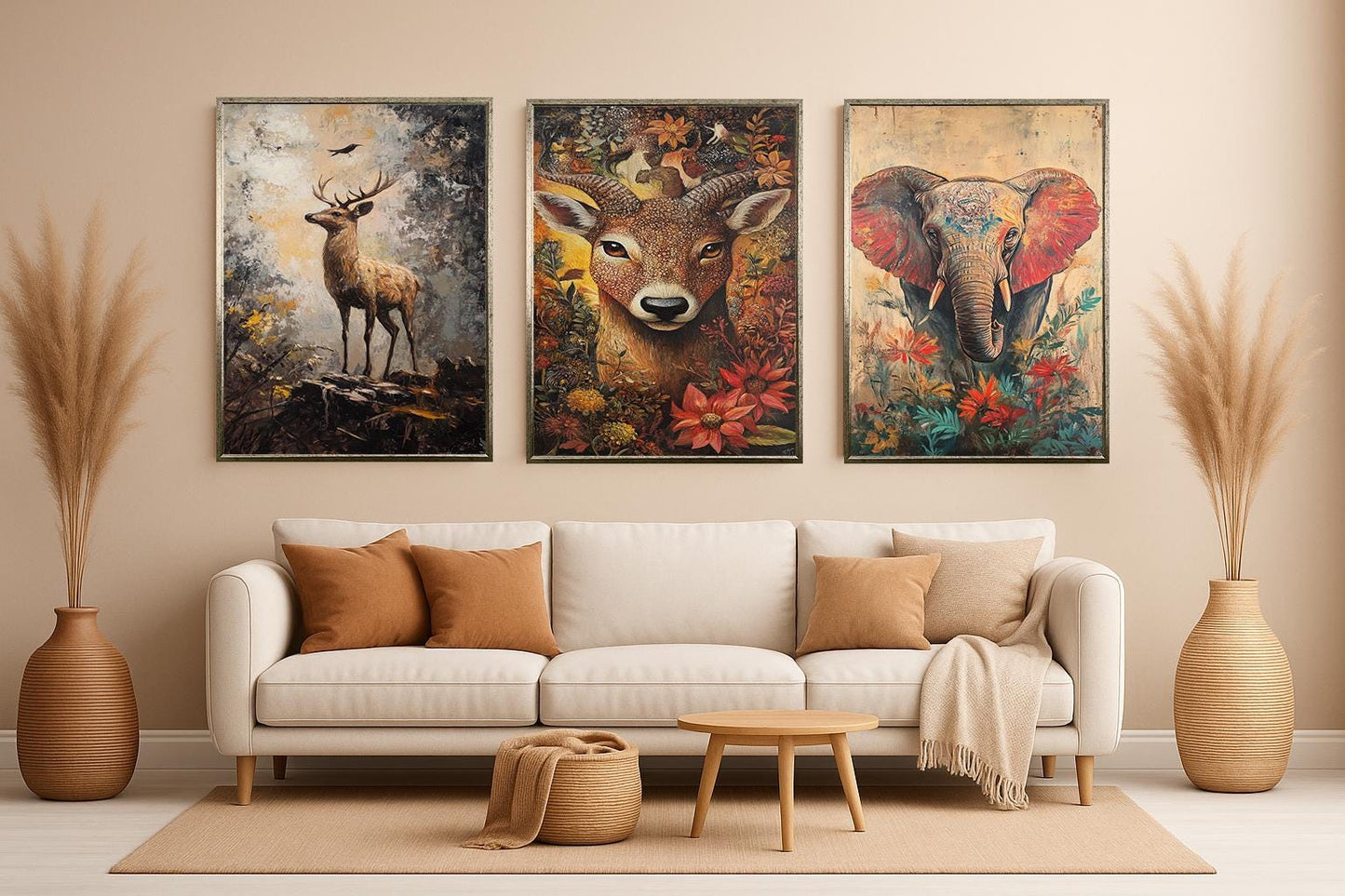 Rustic Animal Canvas Print Set: Deer, Elephant, Boho Forest Art