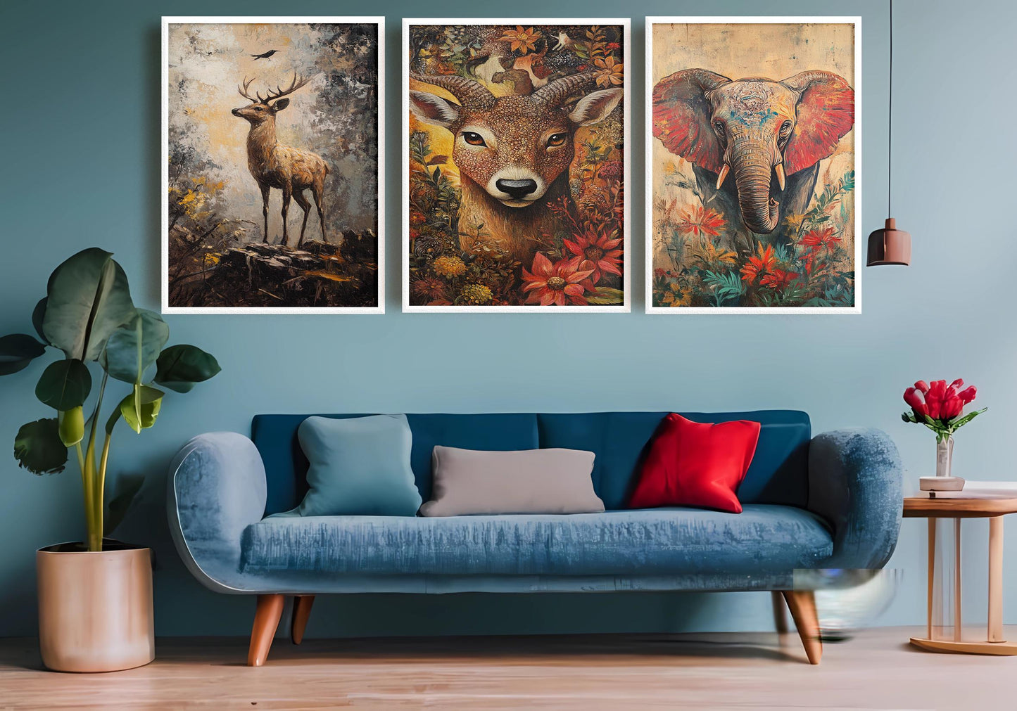 Rustic Animal Canvas Print Set: Deer, Elephant, Boho Forest Art