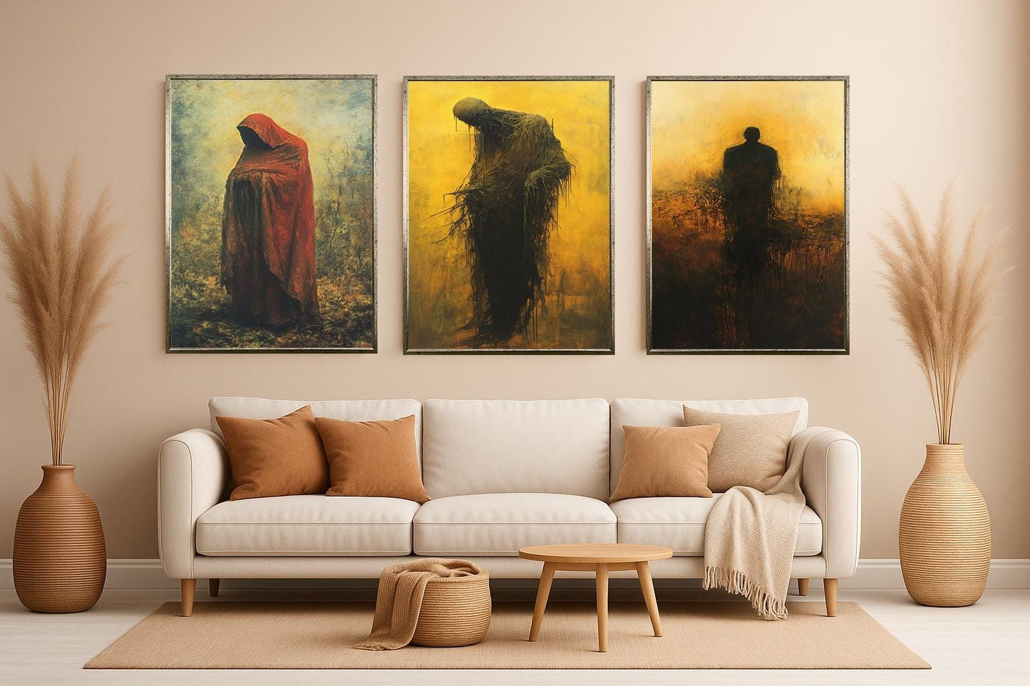 Gothic Shadow Figure Wall Art Set: Surreal Red Hood Horror Decor