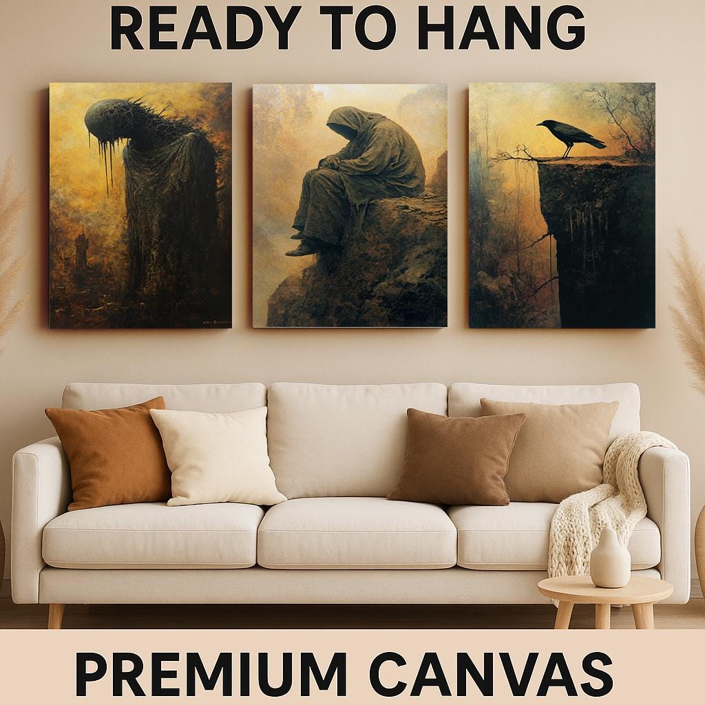 Gothic Horror Wall Art Set: Hooded Figure, Crow, Shadow Creature