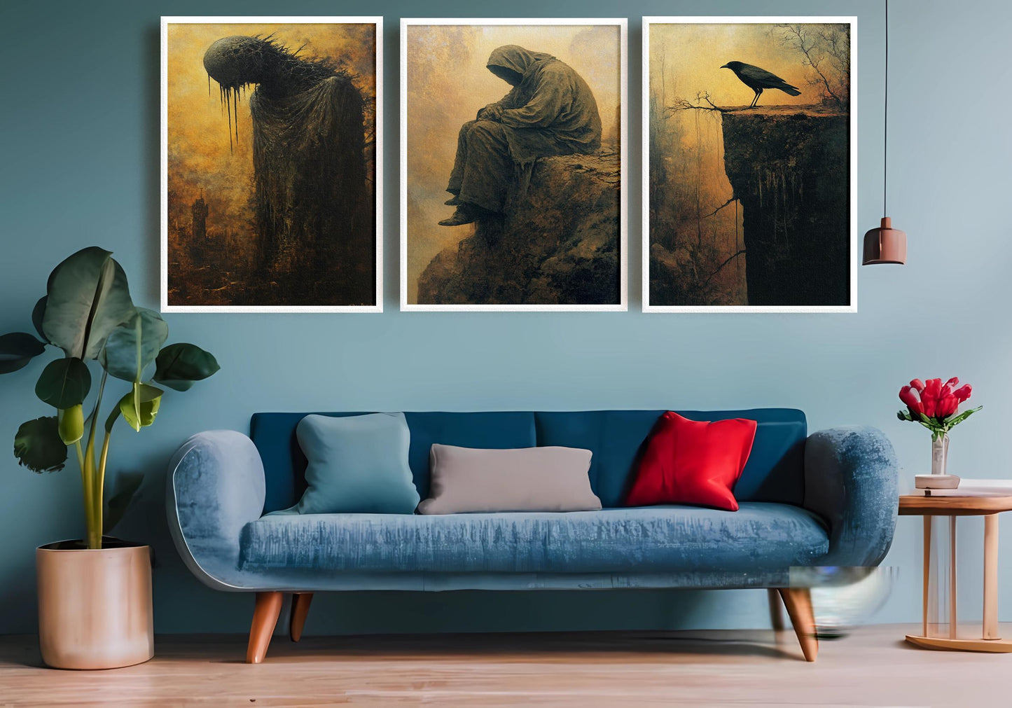 Gothic Horror Wall Art Set: Hooded Figure, Crow, Shadow Creature