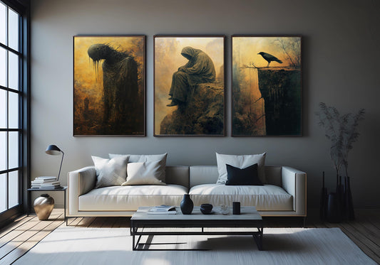 Gothic Horror Wall Art Set: Hooded Figure, Crow, Shadow Creature