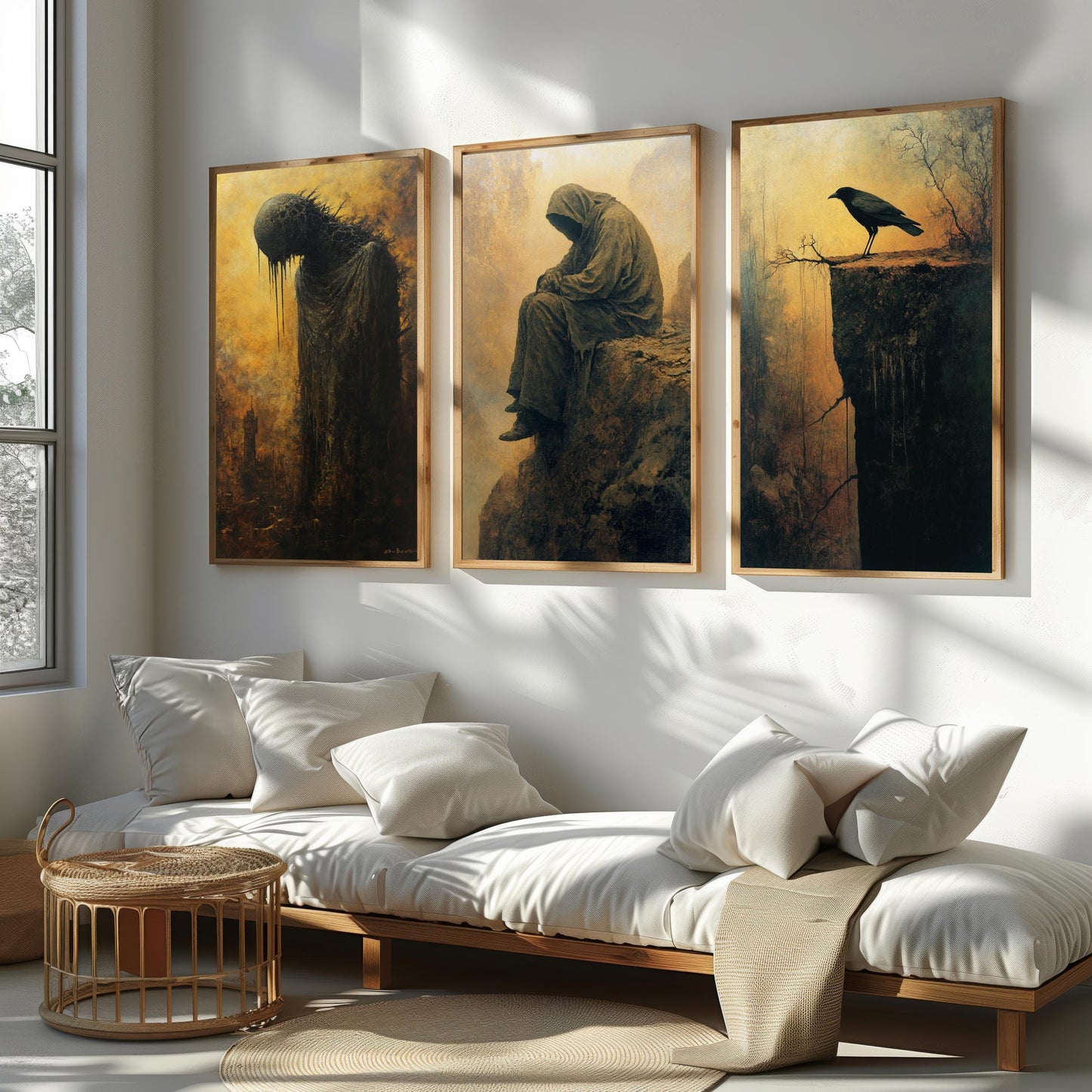 Gothic Horror Wall Art Set: Hooded Figure, Crow, Shadow Creature