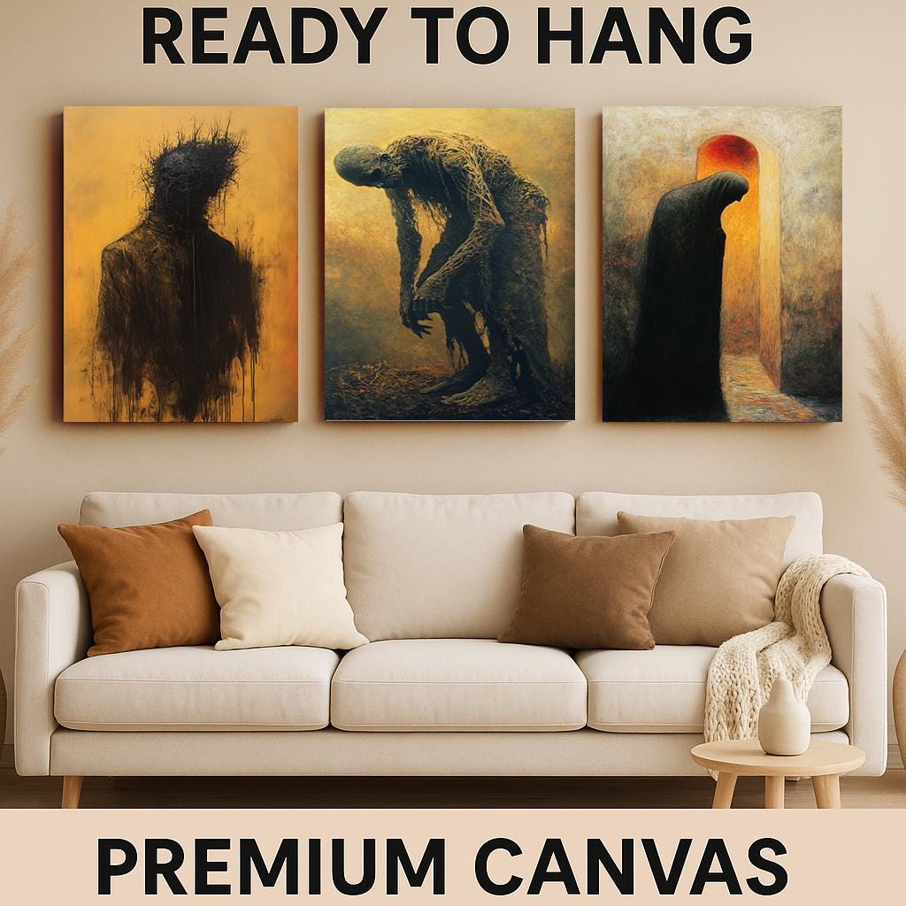 Gothic Horror Canvas Print Set: Decaying Figures, Shadow Silhouettes