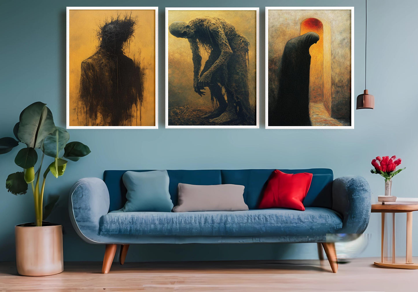 Gothic Horror Canvas Print Set: Decaying Figures, Shadow Silhouettes
