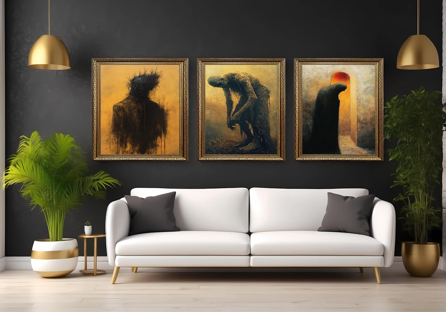 Gothic Horror Canvas Print Set: Decaying Figures, Shadow Silhouettes