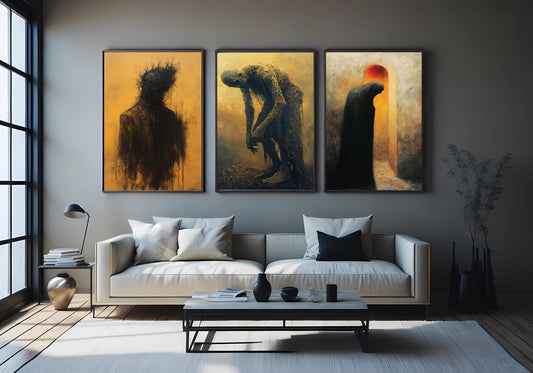 Gothic Horror Canvas Print Set: Decaying Figures, Shadow Silhouettes