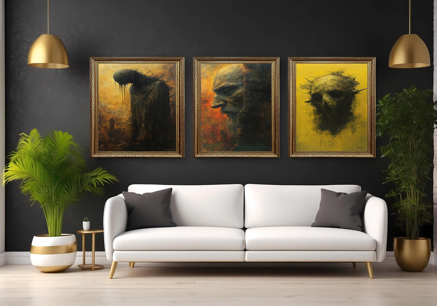 Dark Gothic Surreal Wall Art Set: Elder, Skull, Hooded Figure