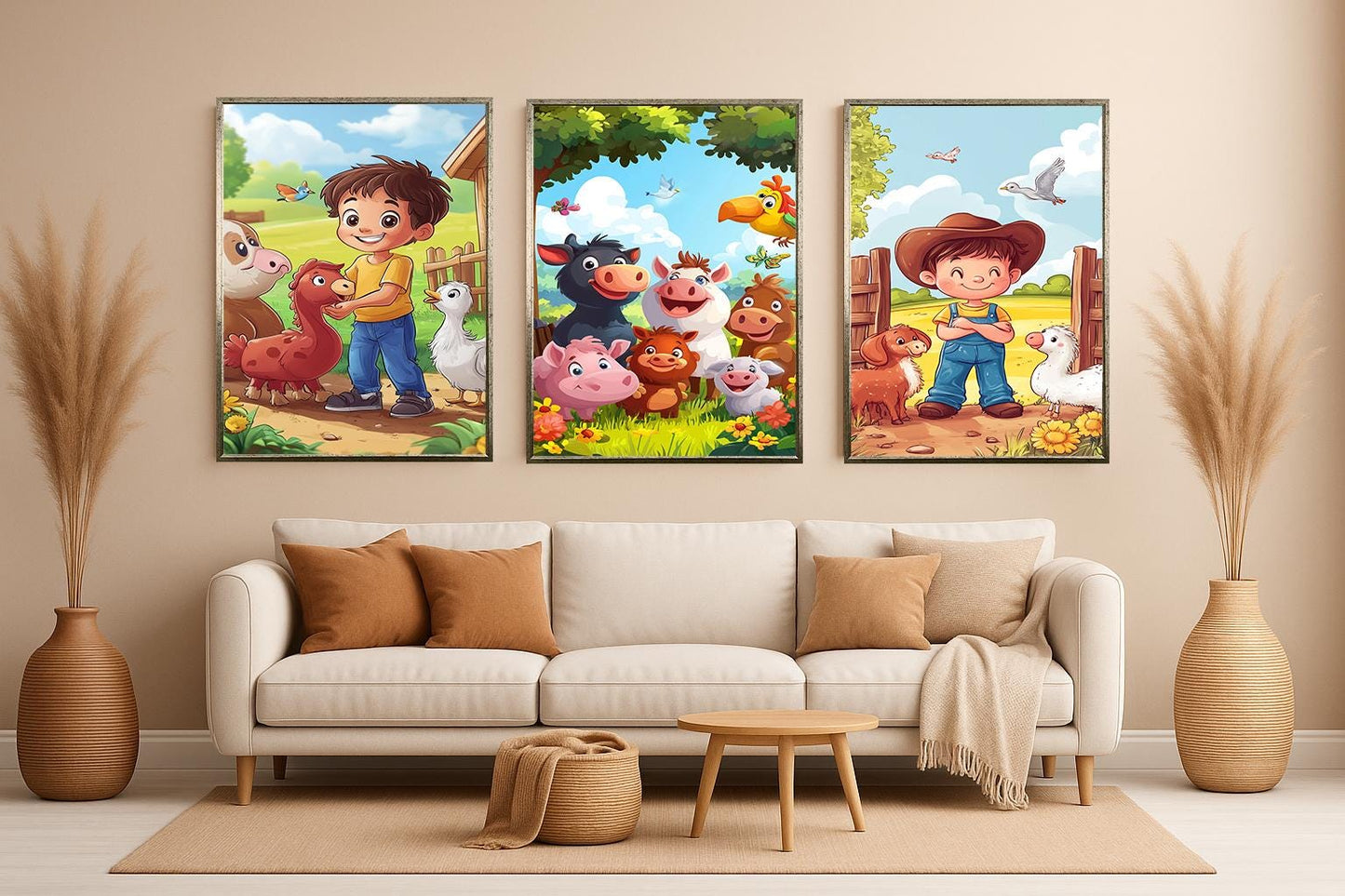 Farm Animal Nursery Prints: Cartoon Farmers, Kids Room Decor