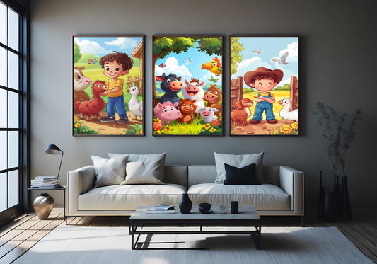 Farm Animal Nursery Prints: Cartoon Farmers, Kids Room Decor
