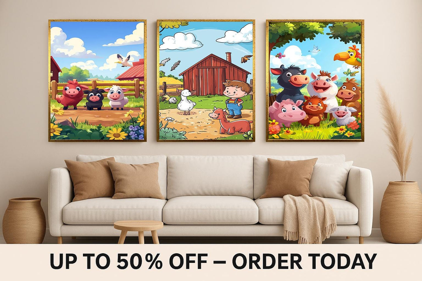 Farm Animal Nursery Prints: Cartoon Barnyard Animals & Boy Farmer