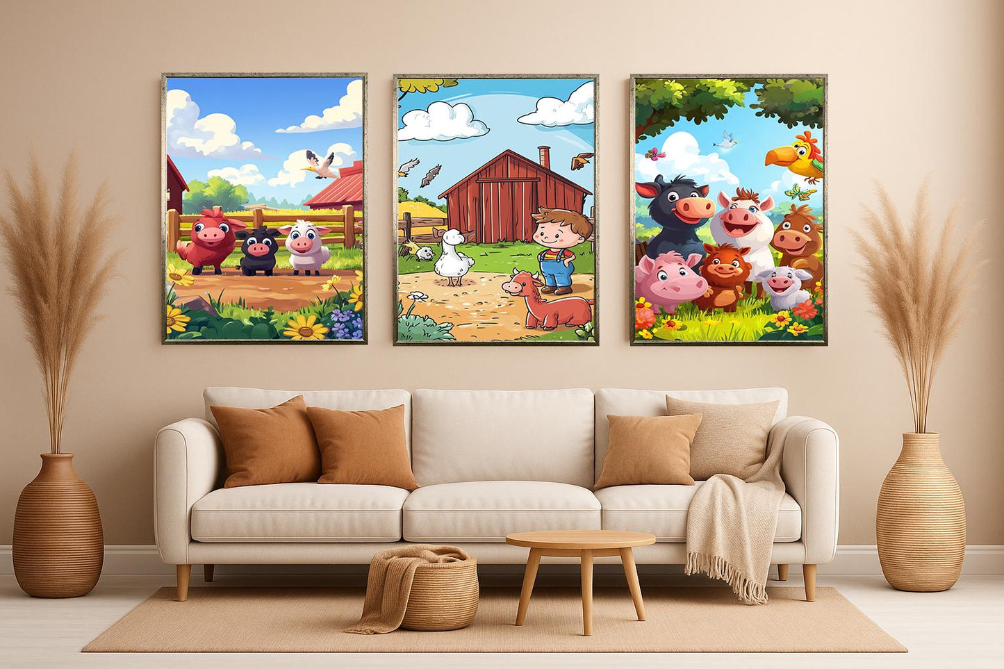 Farm Animal Nursery Prints: Cartoon Barnyard Animals & Boy Farmer