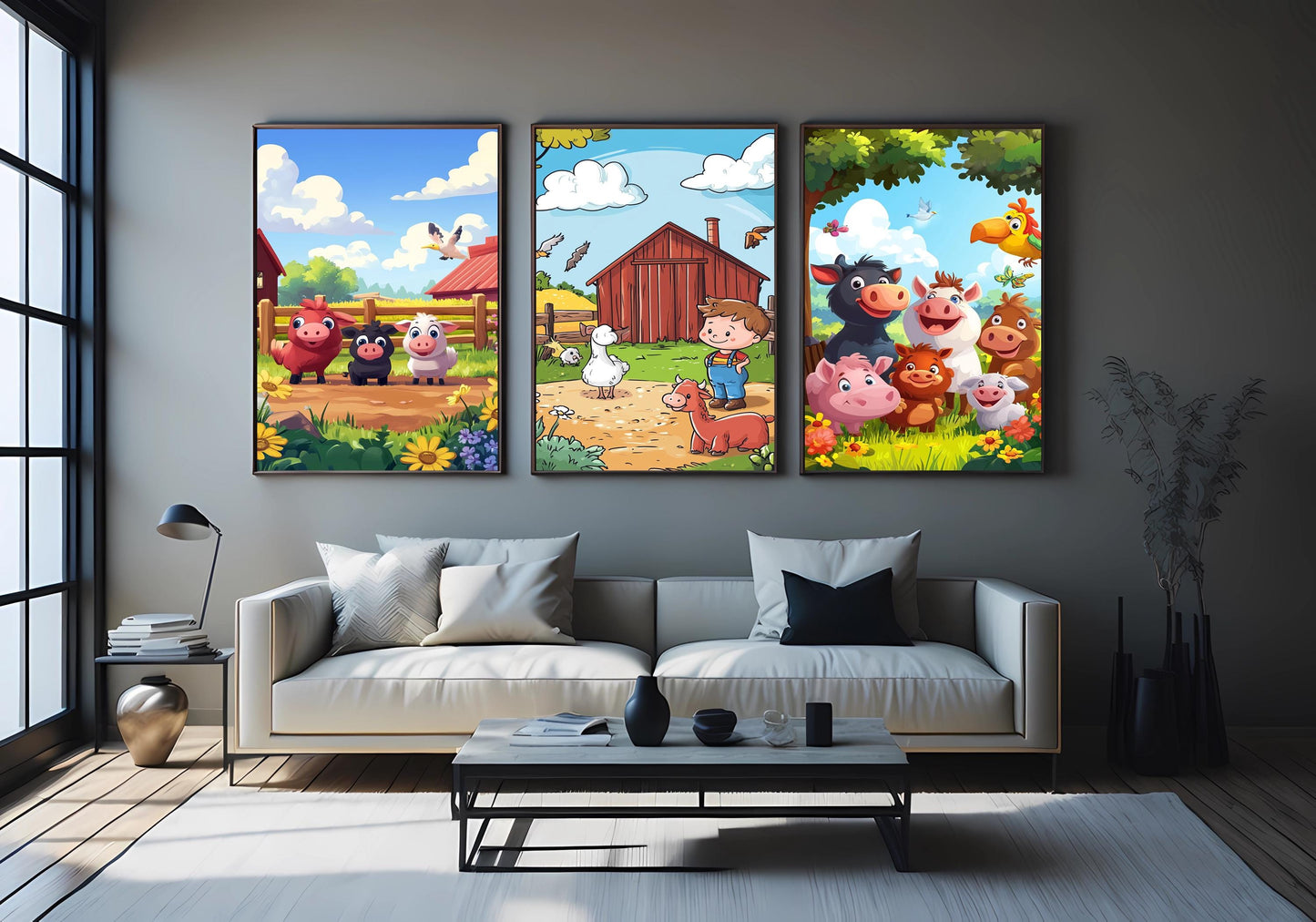 Farm Animal Nursery Prints: Cartoon Barnyard Animals & Boy Farmer