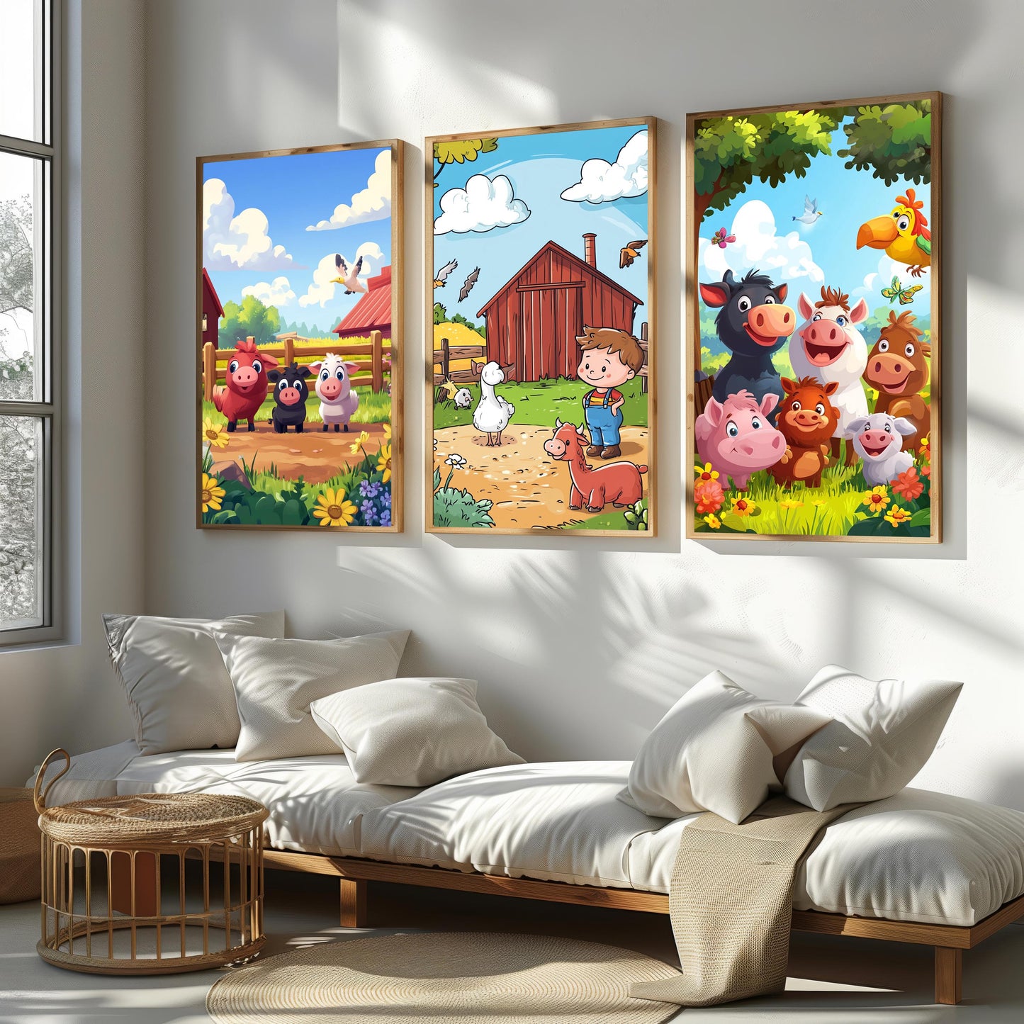 Farm Animal Nursery Prints: Cartoon Barnyard Animals & Boy Farmer