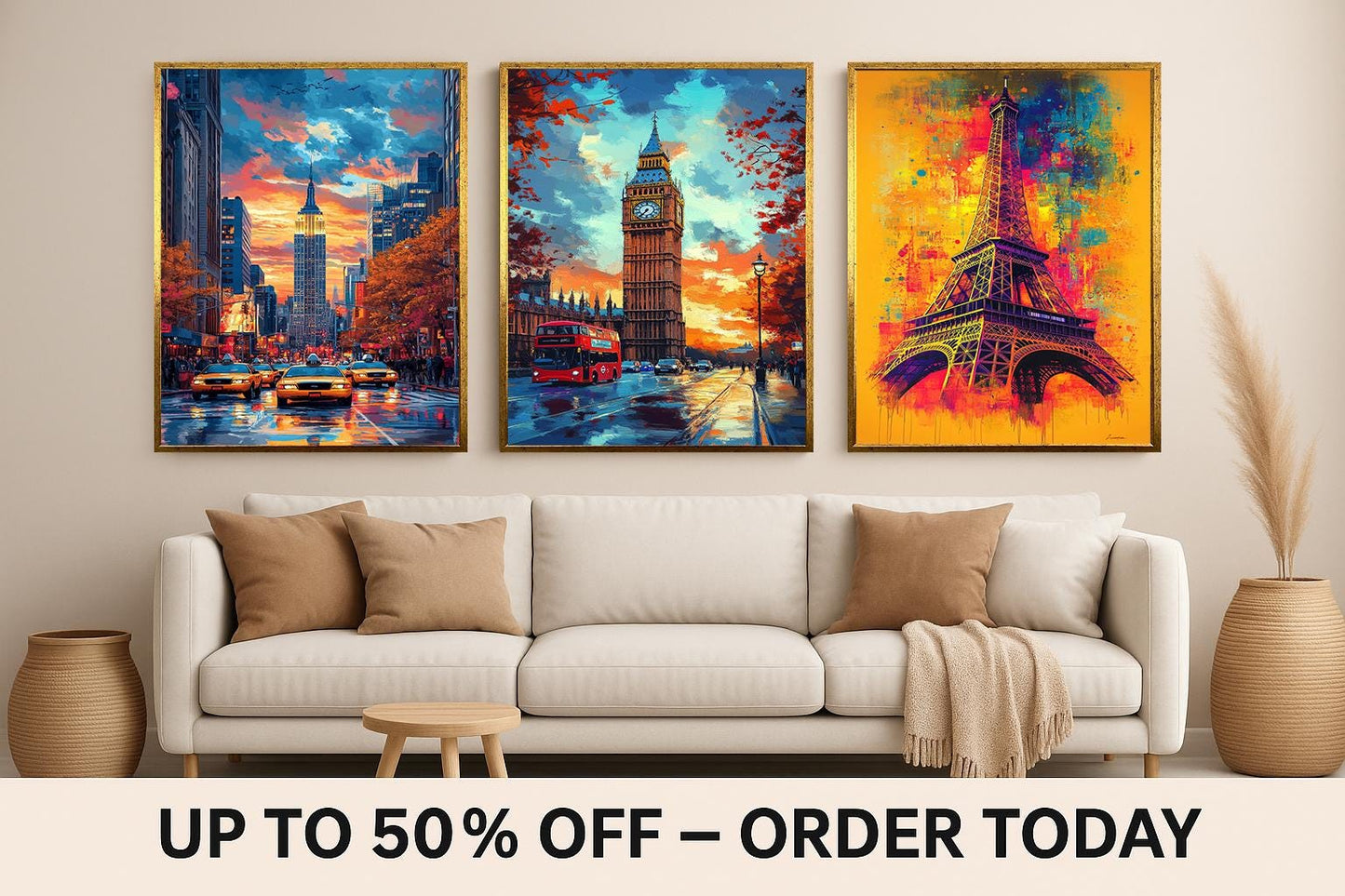 Colorful Cityscape Canvas Print Set: Big Ben, Eiffel Tower, Empire State Building