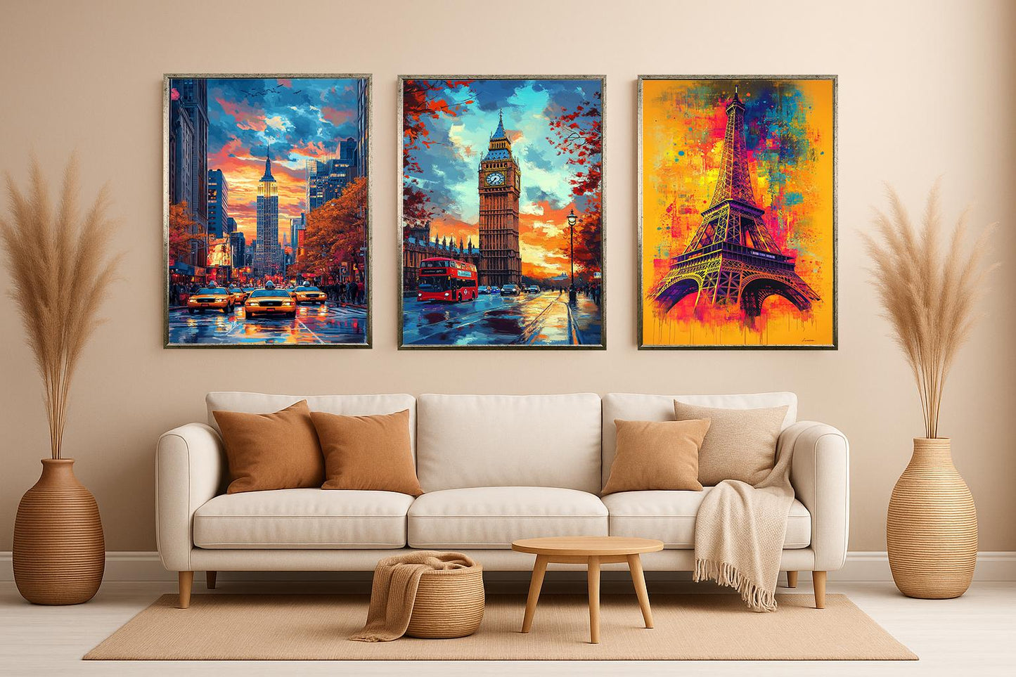 Colorful Cityscape Canvas Print Set: Big Ben, Eiffel Tower, Empire State Building