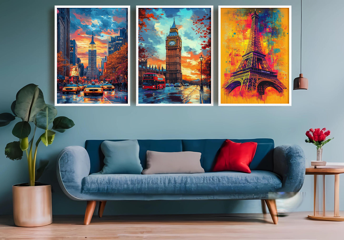 Colorful Cityscape Canvas Print Set: Big Ben, Eiffel Tower, Empire State Building