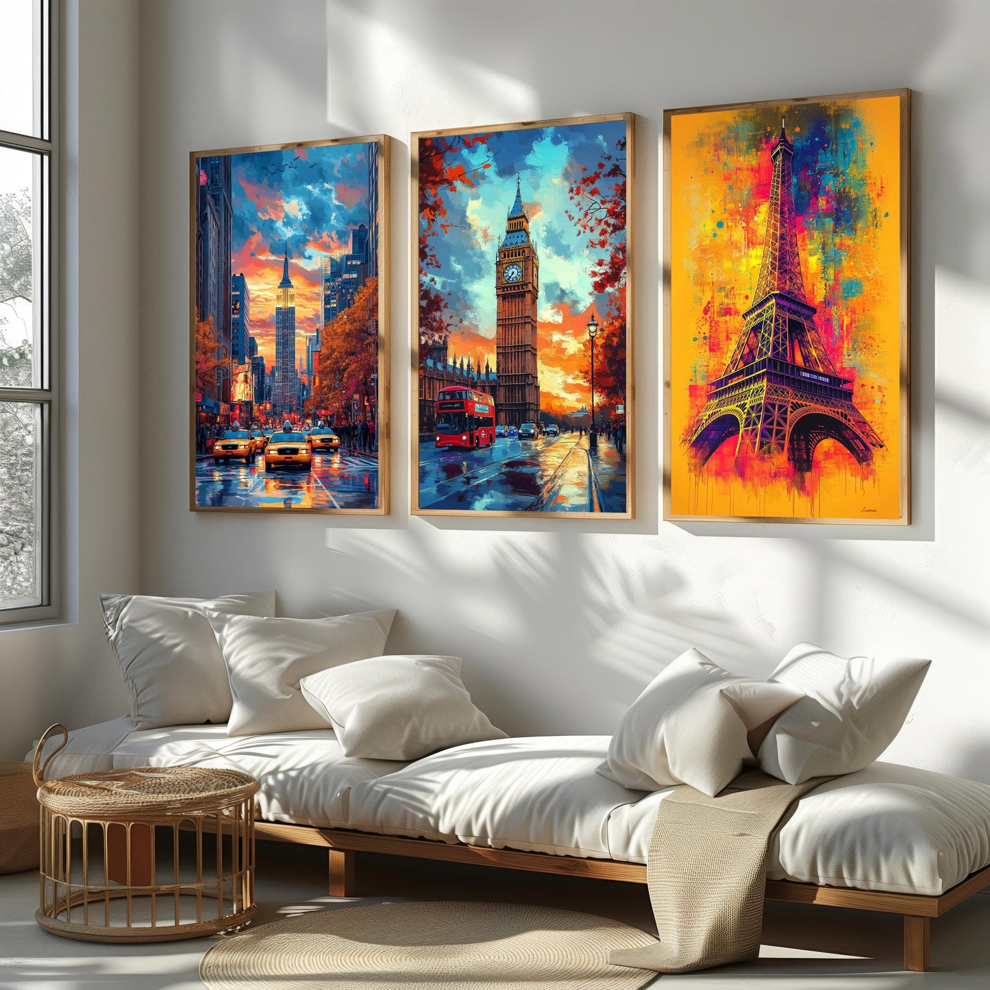 Colorful Cityscape Canvas Print Set: Big Ben, Eiffel Tower, Empire State Building