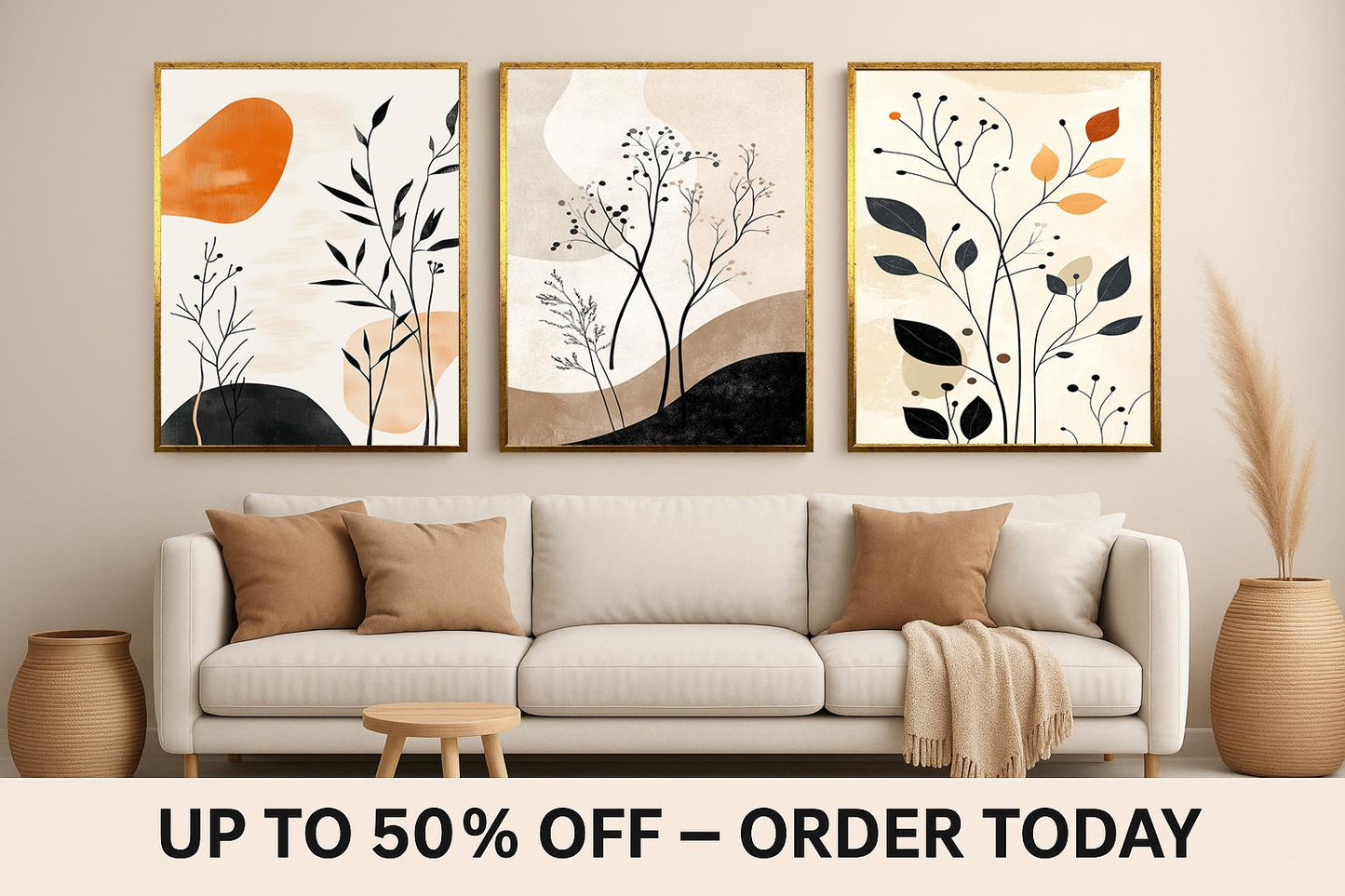 Botanical Wall Art Prints Set: Beige Abstract Plant Decor