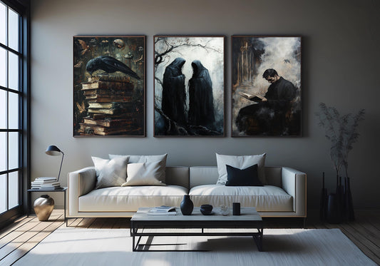 Gothic Horror Wall Art Set: Hooded Figures, Crow & Books