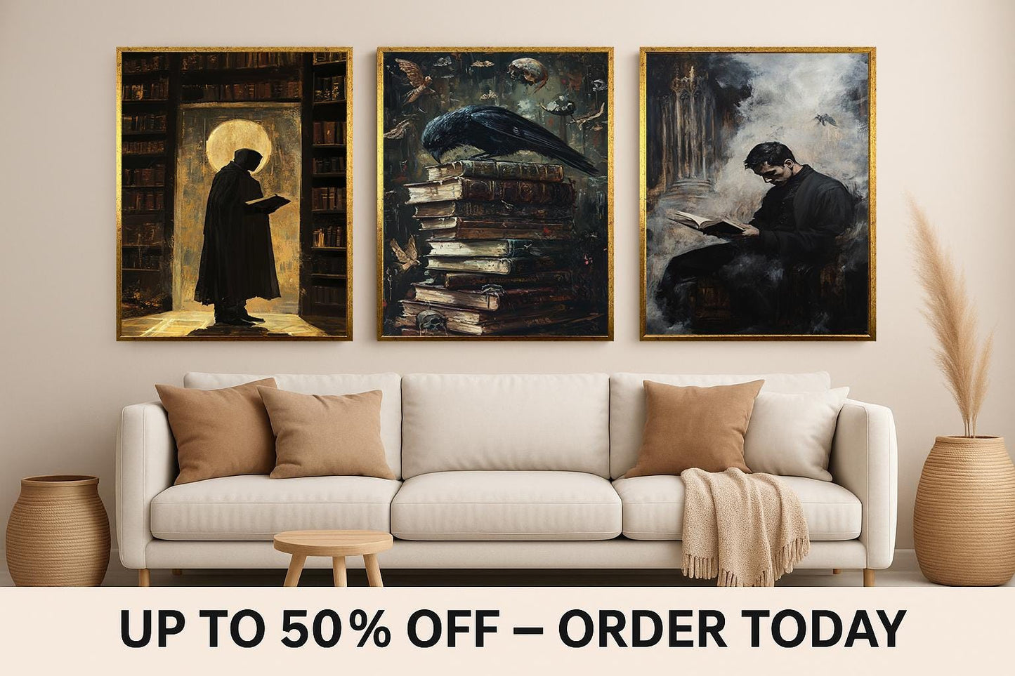 Dark Academia Wall Art Set: Gothic Library Decor, Crow & Cloaked Figure