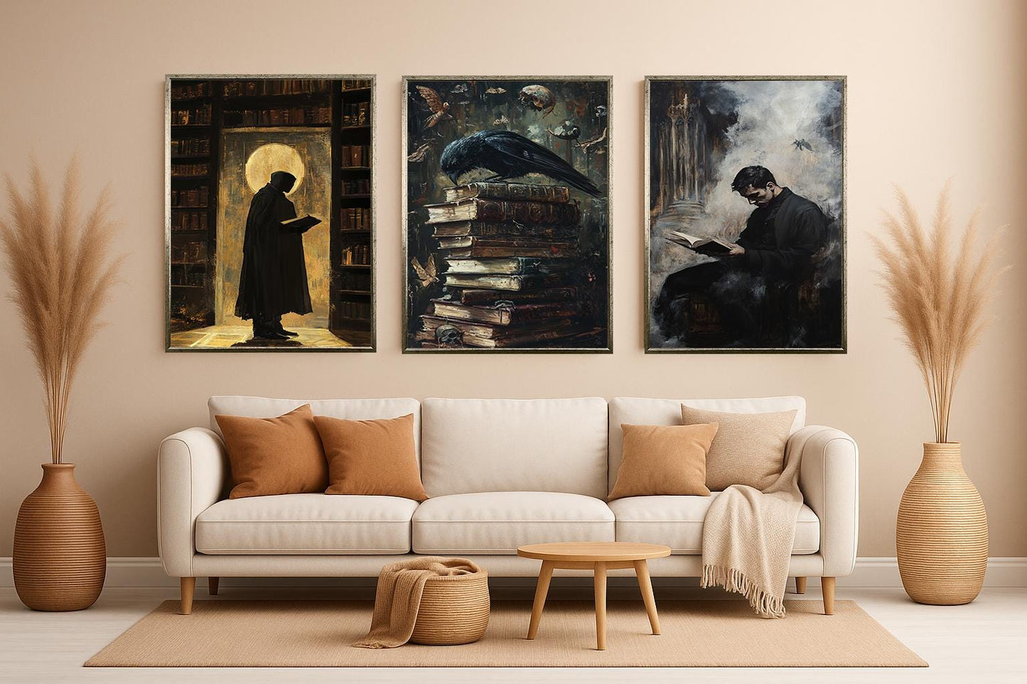 Dark Academia Wall Art Set: Gothic Library Decor, Crow & Cloaked Figure