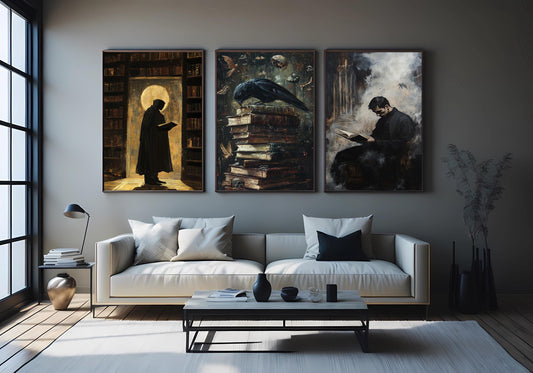Dark Academia Wall Art Set: Gothic Library Decor, Crow & Cloaked Figure