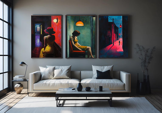 Noir Woman in Yellow Dress Print Set: Cinematic Moody Room Decor