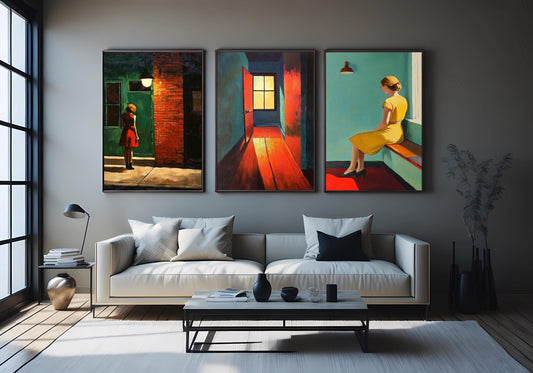 Retro Woman in Yellow Dress Print Set: Urban Minimalist Wall Art