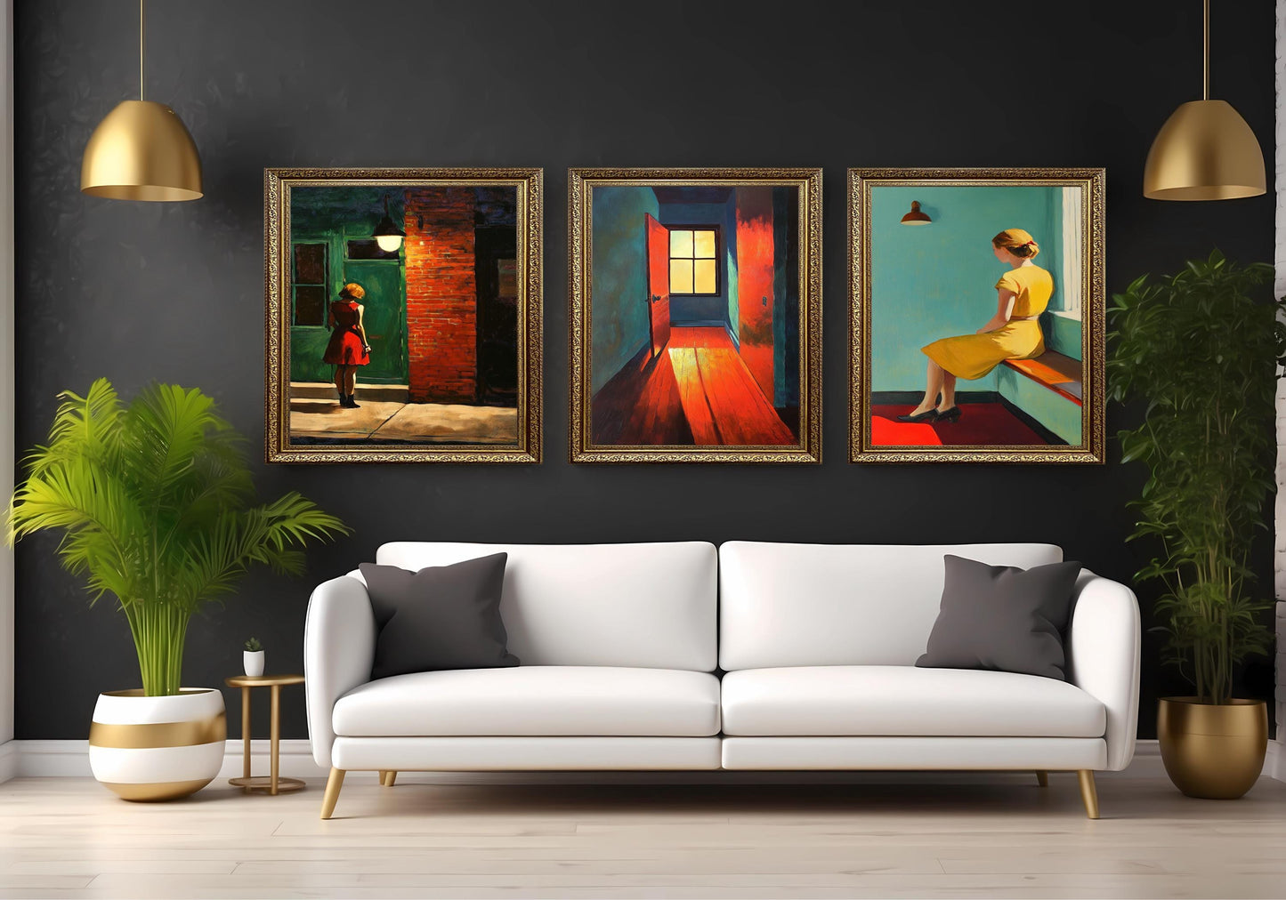 Retro Woman in Yellow Dress Print Set: Urban Minimalist Wall Art