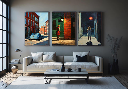 Retro Noir Cityscape Art Prints: Woman in Red Dress, Vintage Car - Set of 3