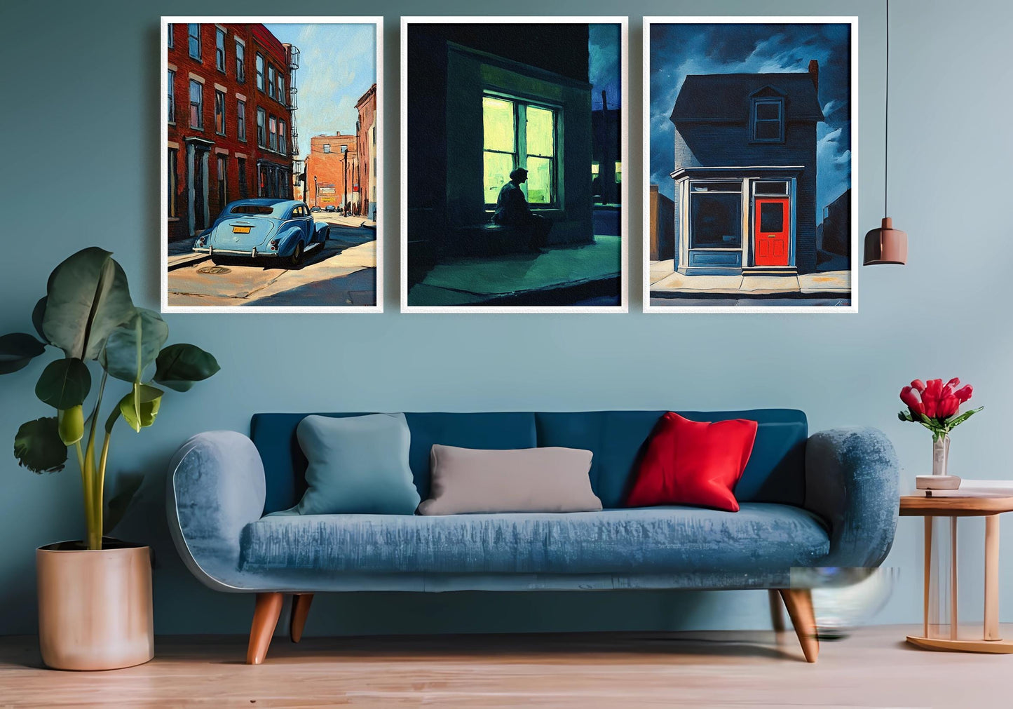 Vintage Cityscape Art Prints Set: Noir Street Scene, Red Door, Blue Car