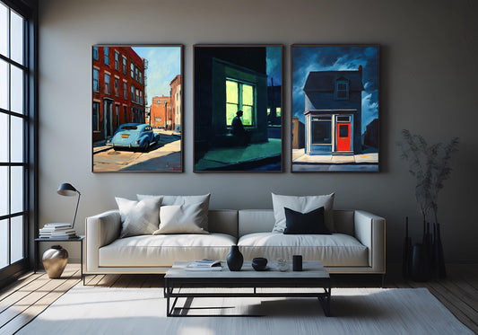 Vintage Cityscape Art Prints Set: Noir Street Scene, Red Door, Blue Car