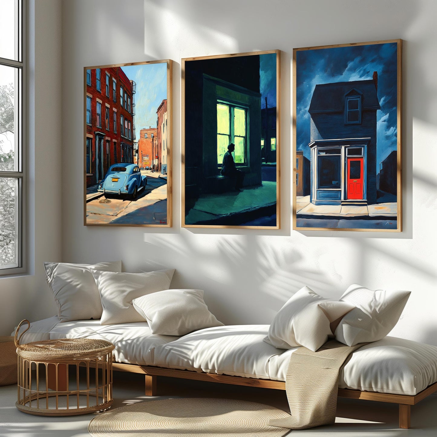 Vintage Cityscape Art Prints Set: Noir Street Scene, Red Door, Blue Car