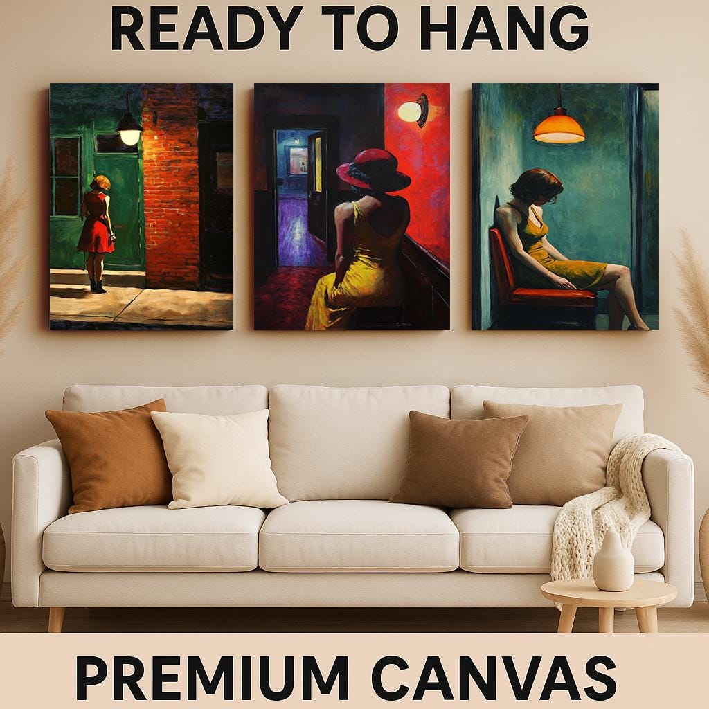 Cinematic Woman Art Print Set: Red Hat, Yellow Dress, Urban Scene