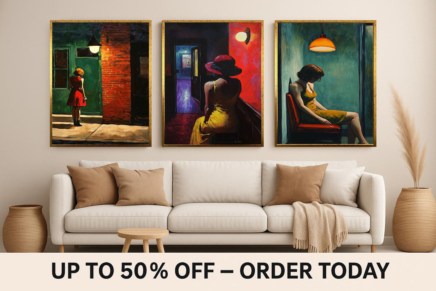 Cinematic Woman Art Print Set: Red Hat, Yellow Dress, Urban Scene