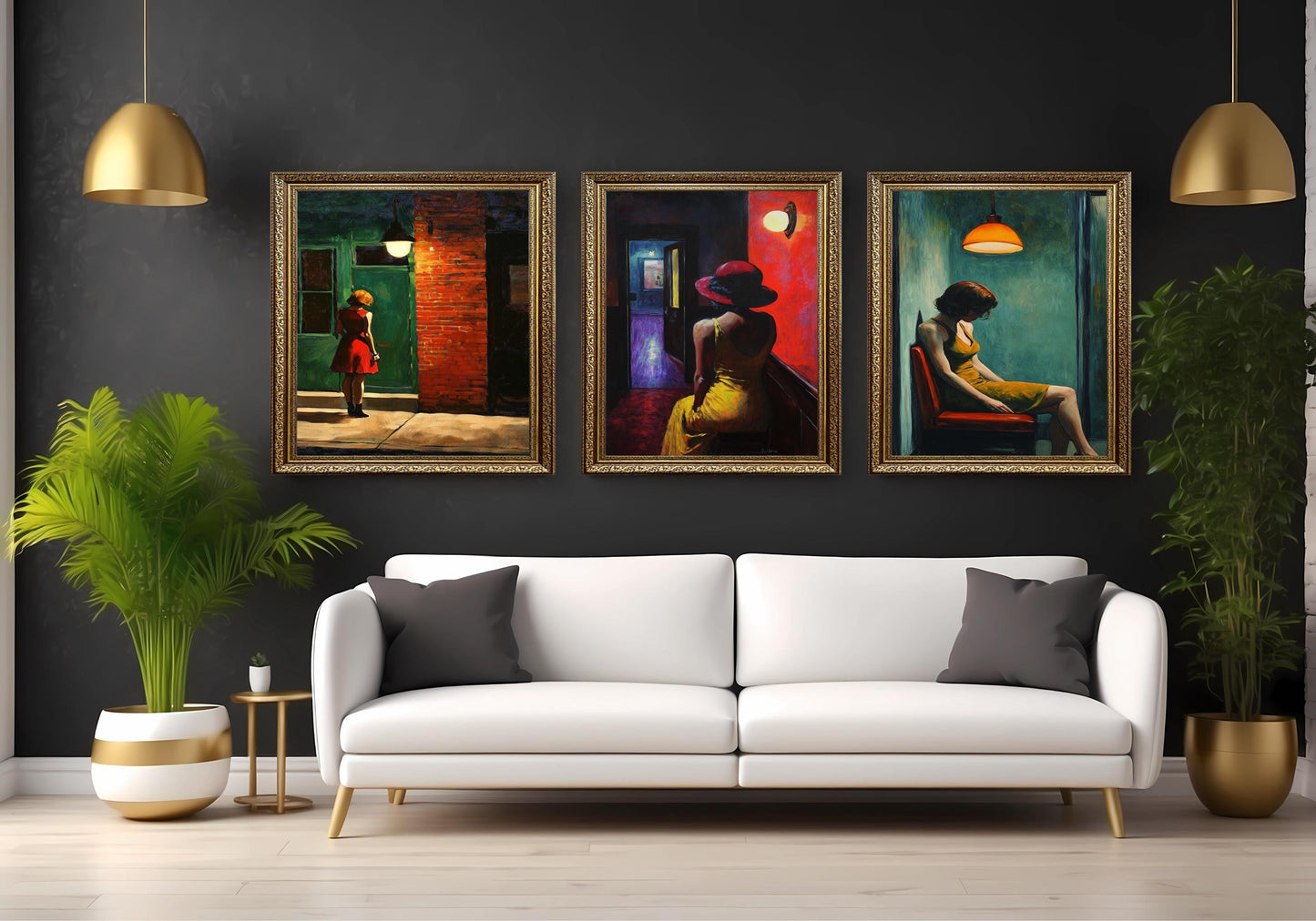 Cinematic Woman Art Print Set: Red Hat, Yellow Dress, Urban Scene