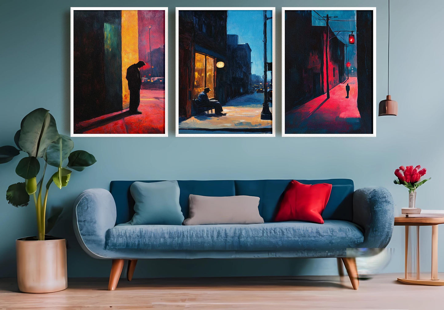 Noir Cityscape Canvas Print Set: Urban Solitude, Shadowy Alley
