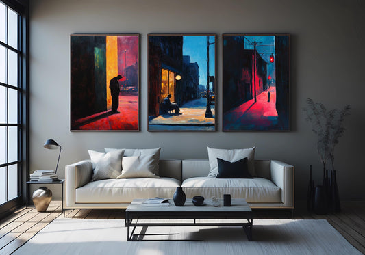 Noir Cityscape Canvas Print Set: Urban Solitude, Shadowy Alley