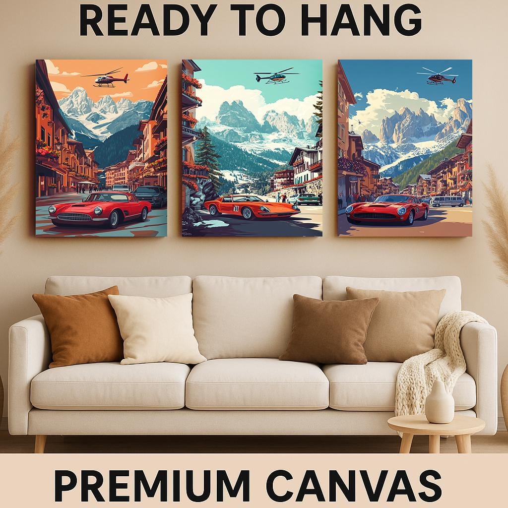 Vintage Red Sports Car & Helicopter Print Set: Alpine Village Wall Art